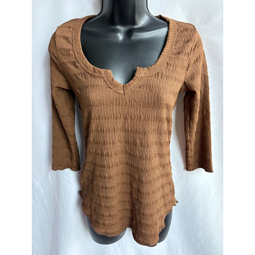 Culture Code Brown Textured Crinkled 3/4 Sleeve Top Shirt Basics Essential S